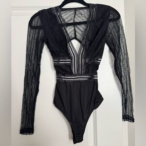 Lulus Black Sheer Lace Long Sleeve Bodysuit
